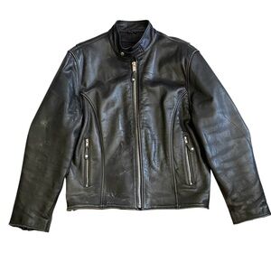 Vintage genuine leather black distressed biker jacket zip out liner heavy coat L
